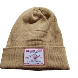 True Religion Tan Knit Beanie Hat | One Size | Soft Ribbed